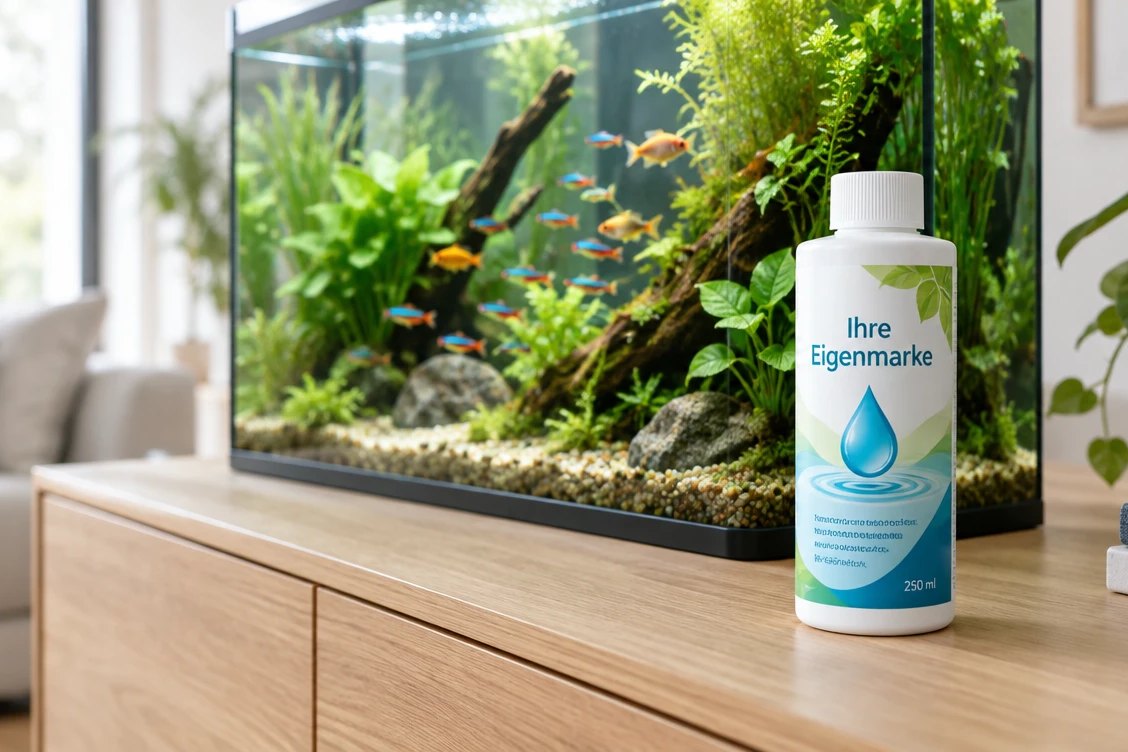 Flasche mit dem Etikett „Ihre Eigenmarke“ vor einem bepflanzten Aquarium