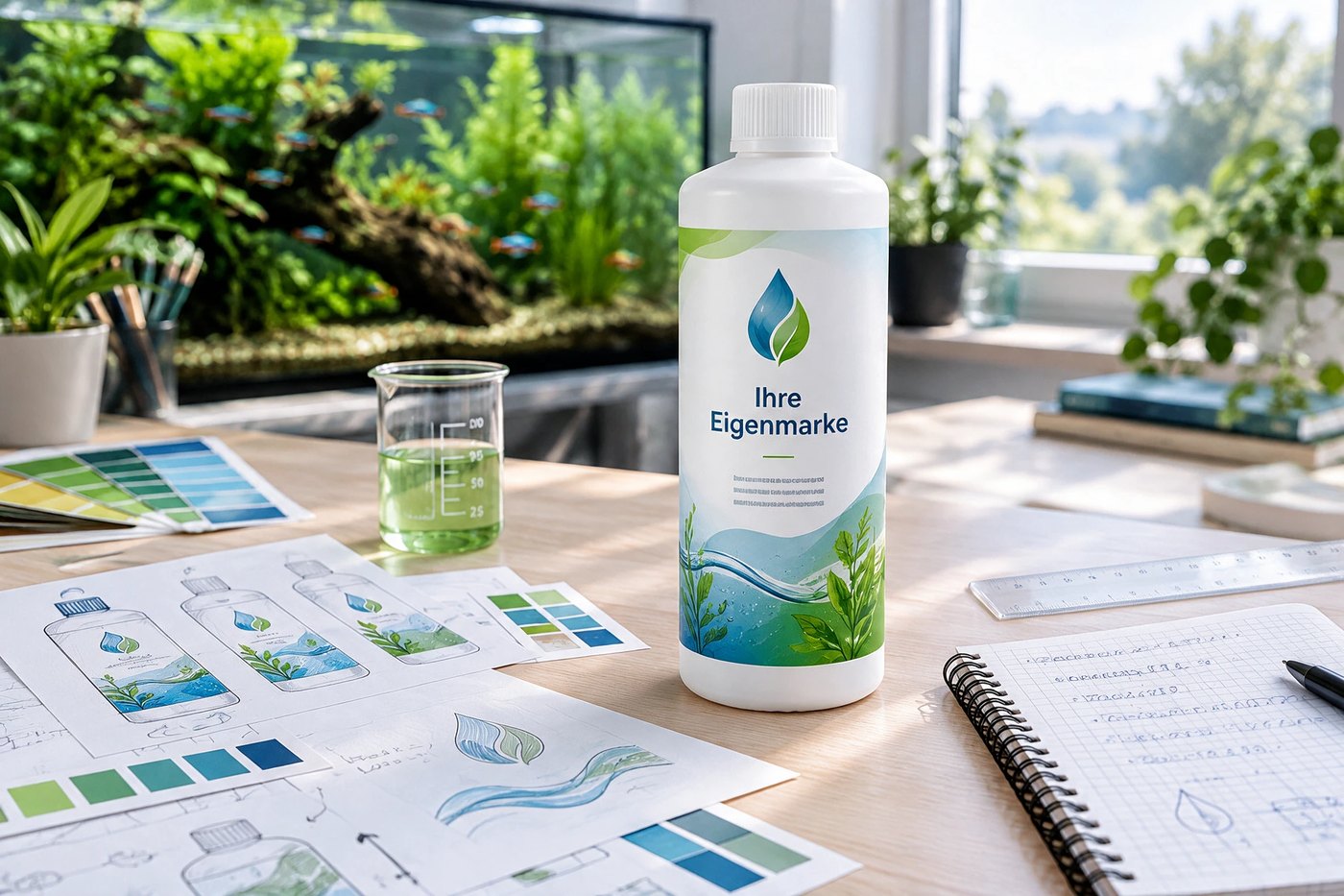 Produktentwicklung: Flasche „Ihre Eigenmarke“ zwischen Etikettenentwürfen, Farbmustern und Aquarium