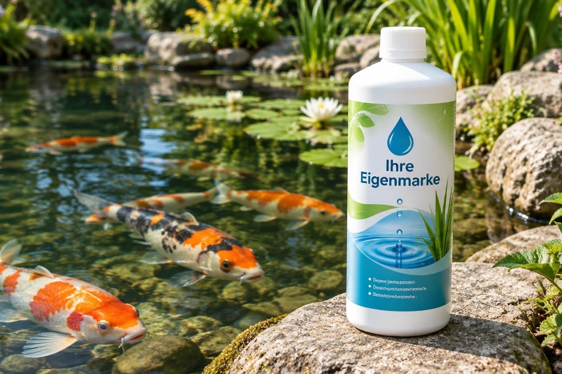 Flasche mit dem Etikett „Ihre Eigenmarke“ am Rand eines Gartenteichs mit Koi